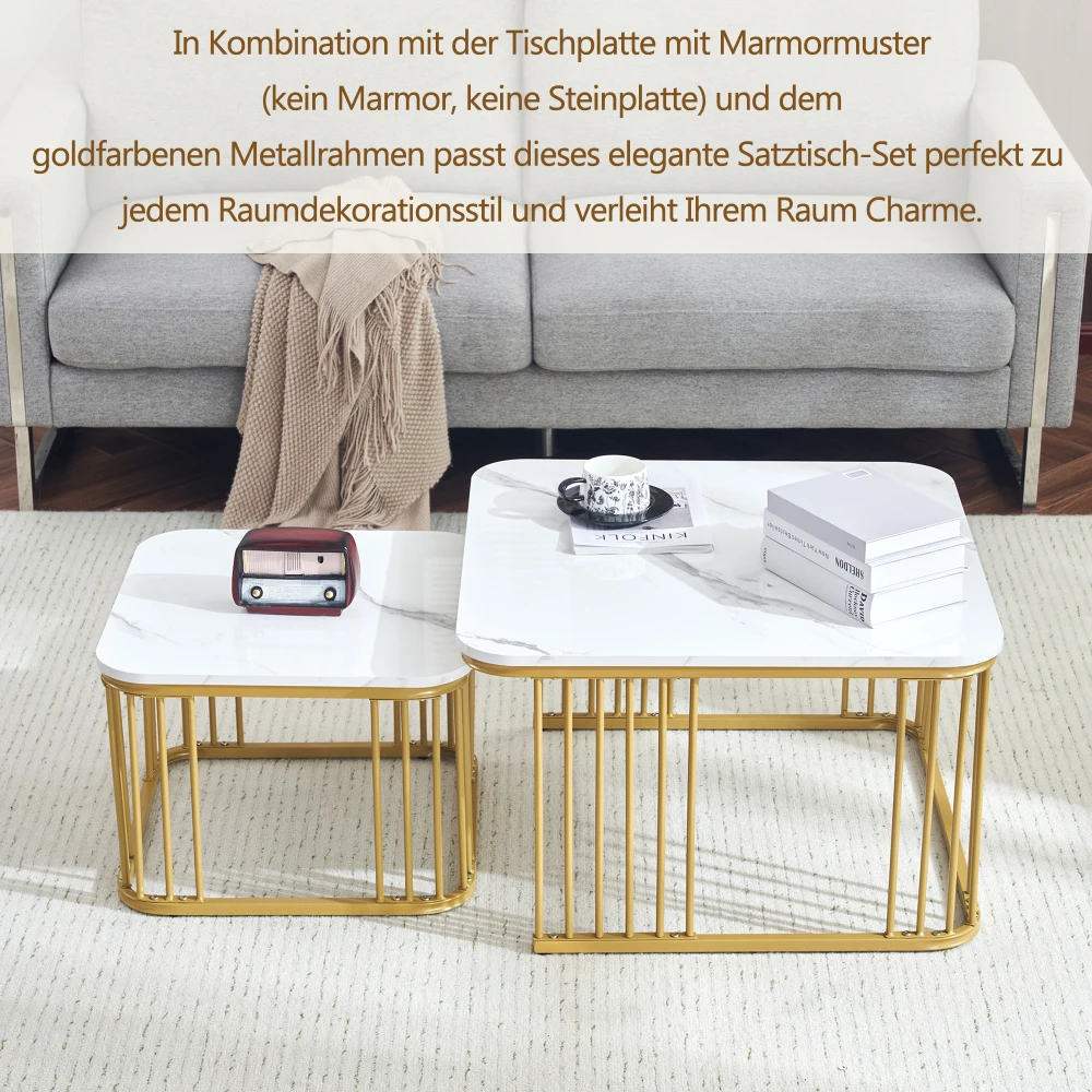 2 Sets quadratische Couchtische mit Hochglanzmarmoroptik, Schiebetische mit goldenen Beinen, 70 x 70 x 45 cm und 50 x 50 x 36,5 cm, vielseitig einsetzbar – Detail 9
