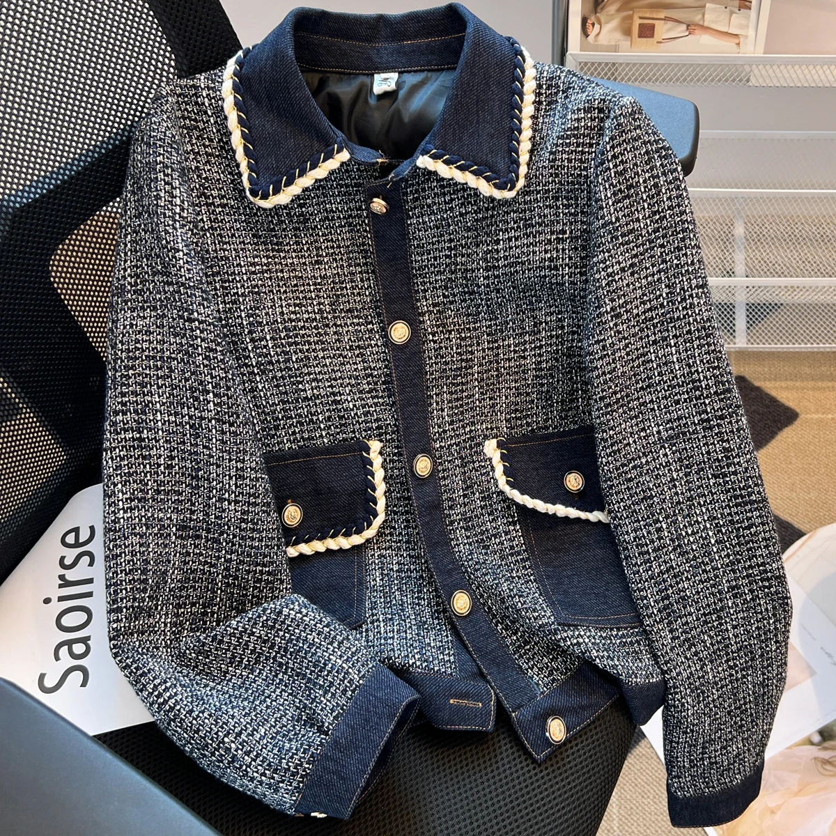 

Spring Small Fragrant Korean Chic Female Denim Patchwork Lapel Jacket Short Coat Women Clothing Runway Style Outerwear