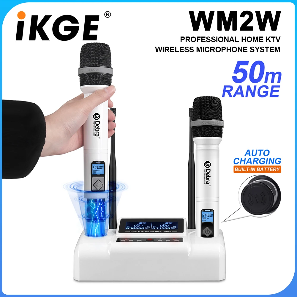 IKGE WM2W Wireless Microphone System, Handheld Microphone, 520-790MHz Rechargeable Microphone, for Karaoke, Stage Performance