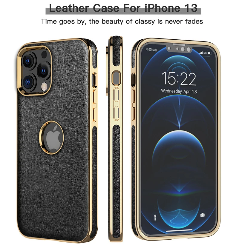 iPhone 13 Pro Max leather case with gold straight edge anti-fall - SKYCASE