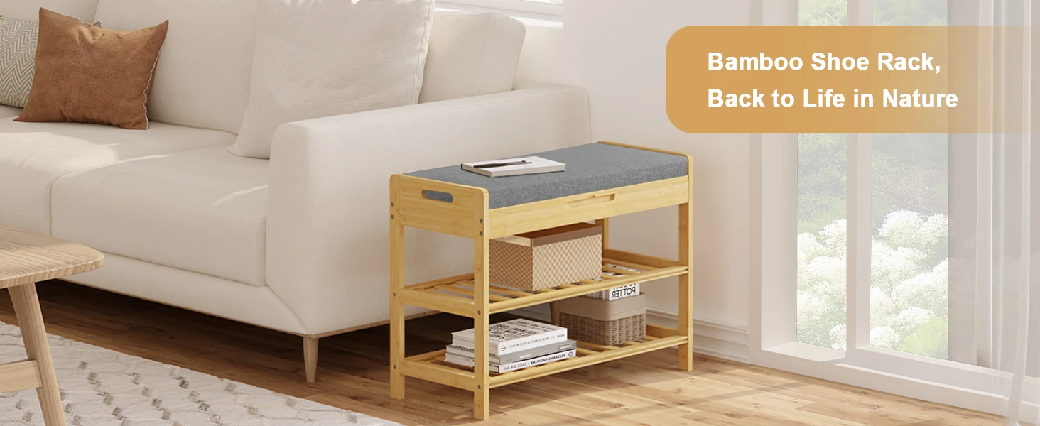 WOLTU 2-stöckiges Schuhregal aus Bambus mit Bank, gepolsterter Sitz-Organizer für Flur, Balkon, Eingang, Schlafzimmer, Wohnzimmer – Detail 3
