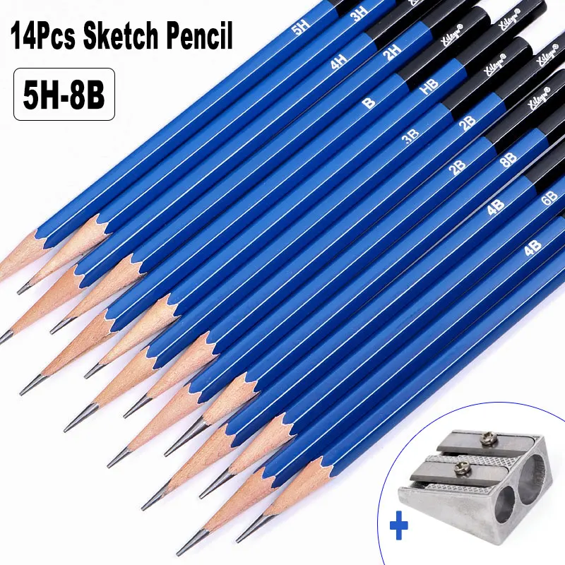 14Pcs Set 5H-8B Professional Art Drawing Sketch Pencil 5H 4H 3H 2H HB B 2B 3B 4B 5B 6B 8B Medium Graphite Core Lead + Sharpener ollin professional крем краска для бровей и ресниц графит ollin vision graphite 20 мл