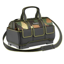 Camouflage Tool Bag with Plastic Bottom Shoulder Strap Multiple Pockets Pounch Tool Storage Organizer for Electrician Tool