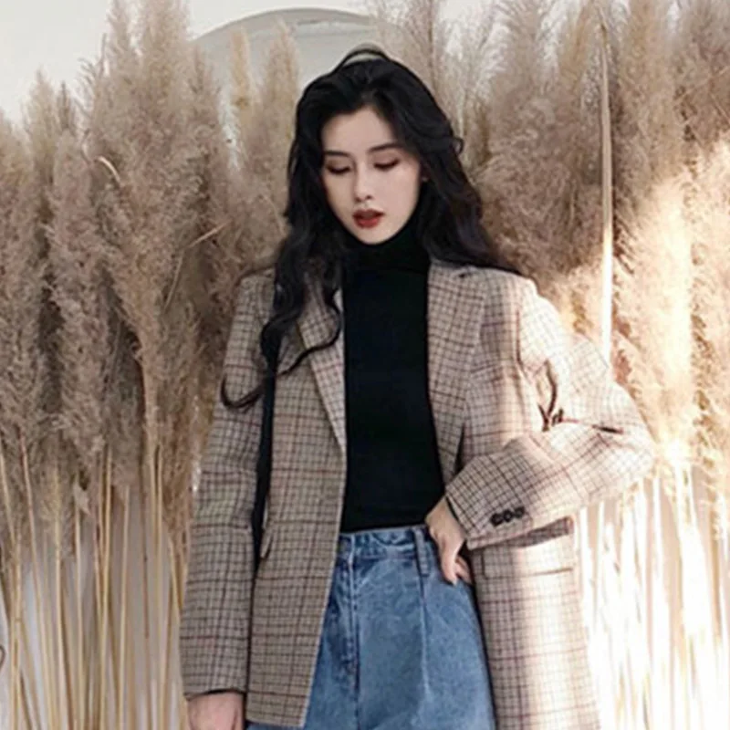 Korean Fashion Plaid Blazer 2024 Women Chic Single Button Casual Office Blazer Suit New Fairy Lady Work Formal Clothing Commute