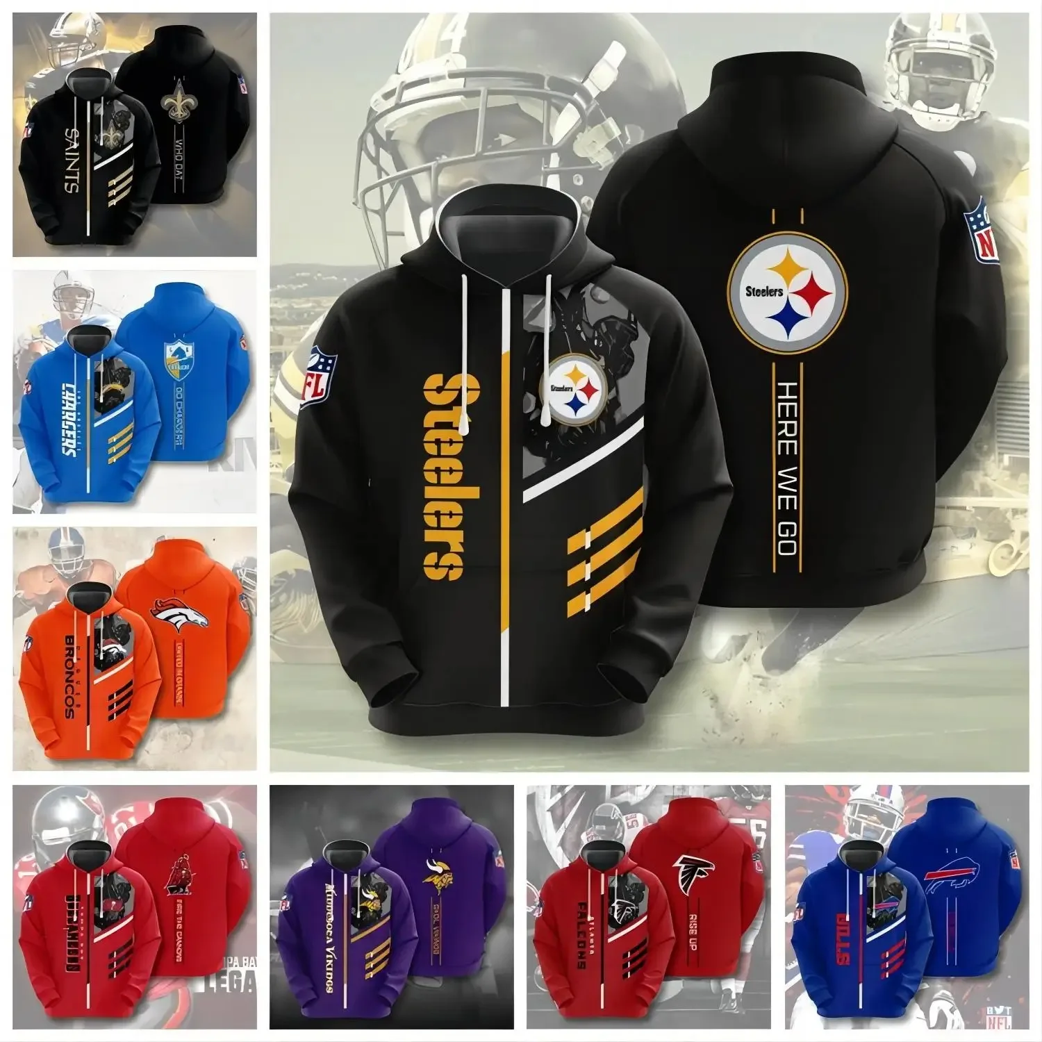 

Sudadera con capucha de rugby 3D para hombre, ropa urbana de moda que combina con todo, Tops de gran tamaño, Steelers, ropa con