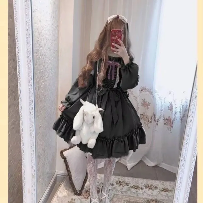 Alice In Wondeland Cute Women Lolita OP Dress Flouncing Lace Trim Japanese Harajuku Long Sleeves Doll Teen Dress Fairy Vestidos