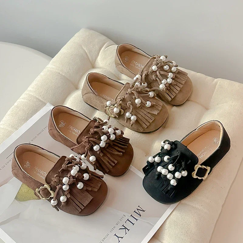 Girls Leather Flat Shoes Princess Tassel Moccasins