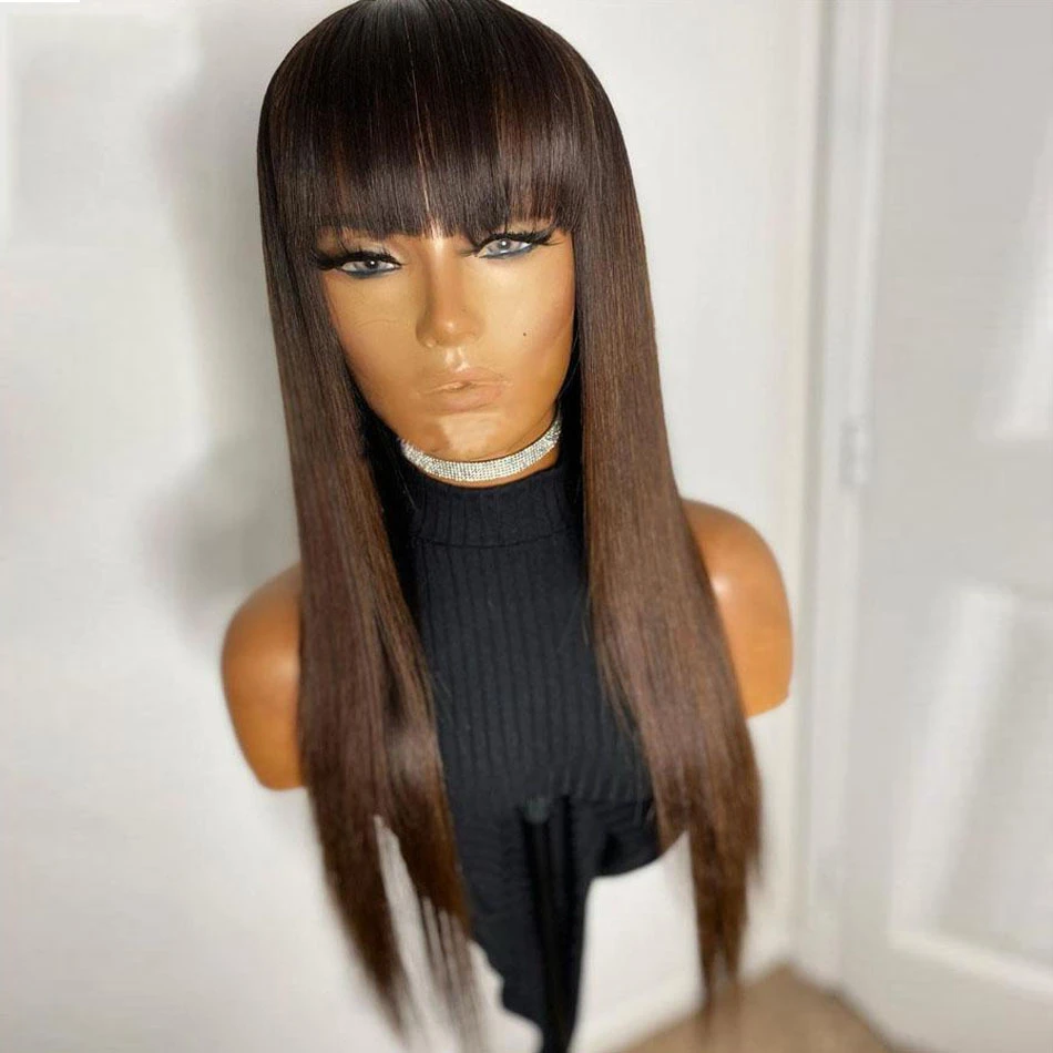 4x4 Silk Top Full Lace Human Hair Wig With Bangs Glueless Silk Base Lace  Fringe Wig Natural Ombre Brown Remy Hair Full Lace Wigs - Lace Wigs -  AliExpress