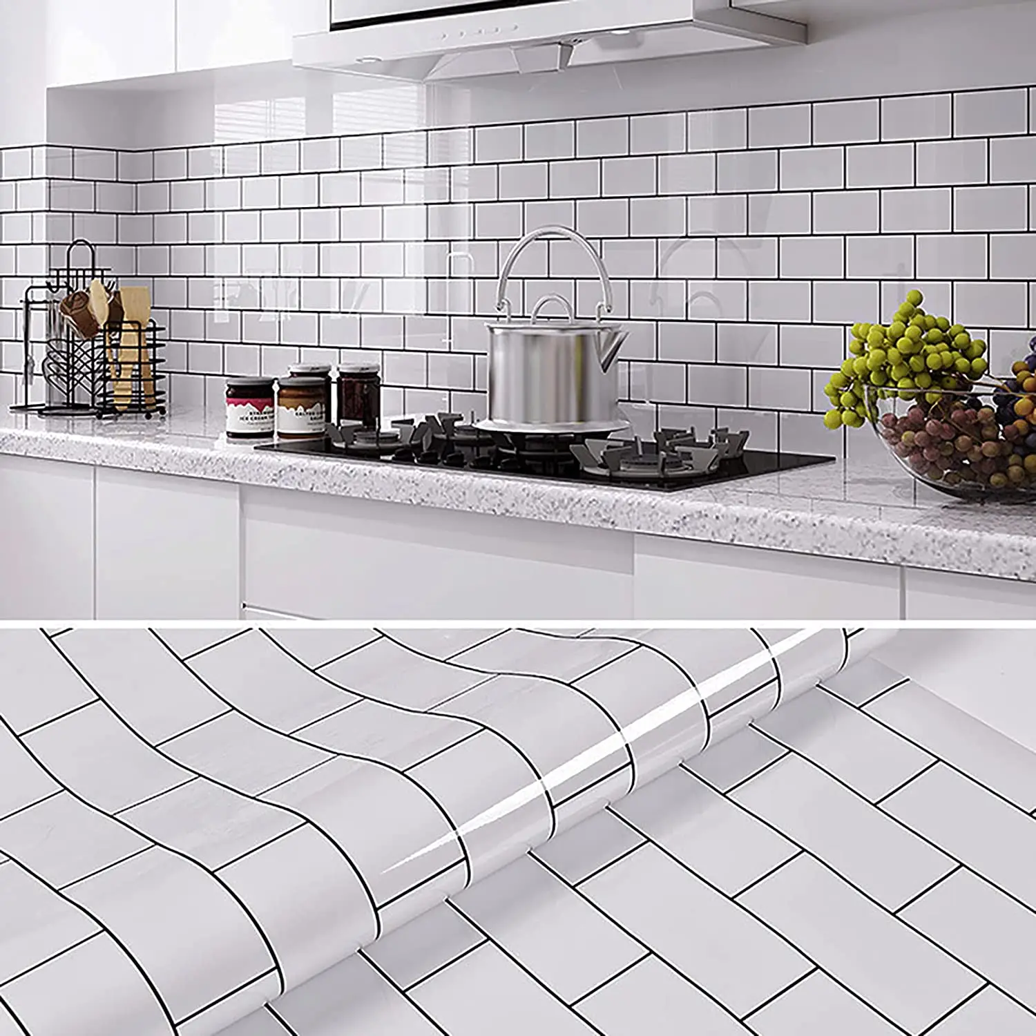 

White Brick Contact Paper for Kitchen Removable Peel and Stick Wallpaper Self Adhesive Tile Glossy Film Waterproof for Bathroom