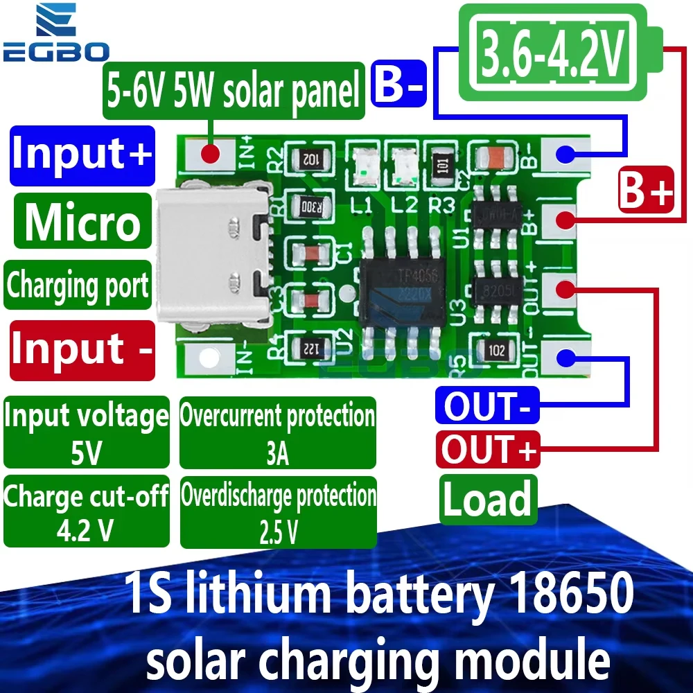 1~10PCS EGBO 1S Lithium-Batterie 18650 Solar-Lademodul 4,2V 3,7V 3,6V Polymer-Ladegerät mit Schutz