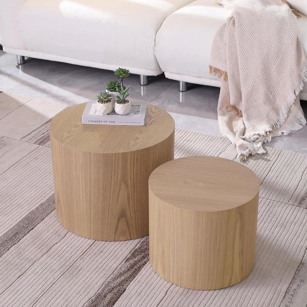 Round Coffee Table Set of 2, Nesting Coffee and End Table Set Wood Small Circle Drum Side Table for Living Room Office 5