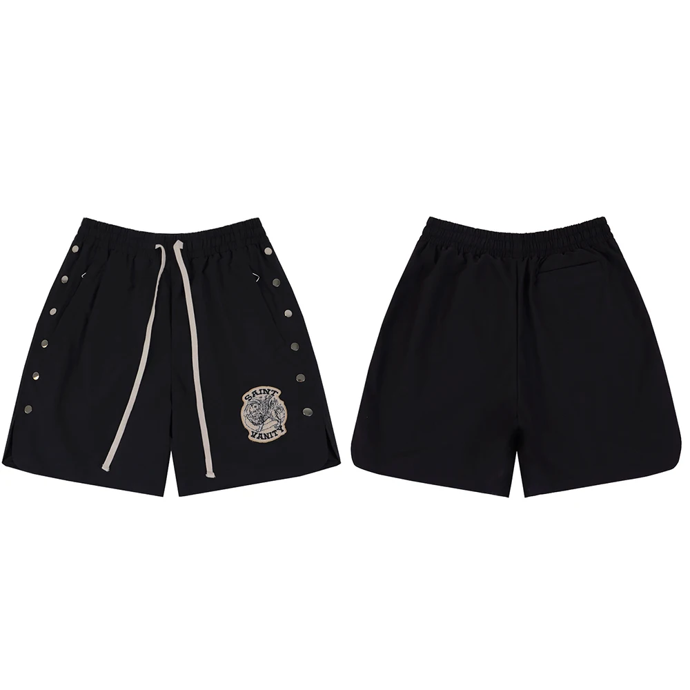 Side Button Embroidery Water Proof Thin Summer Shorts for Men Elastic Waist Drawstring Baggy Quick Dry Five Point Pants