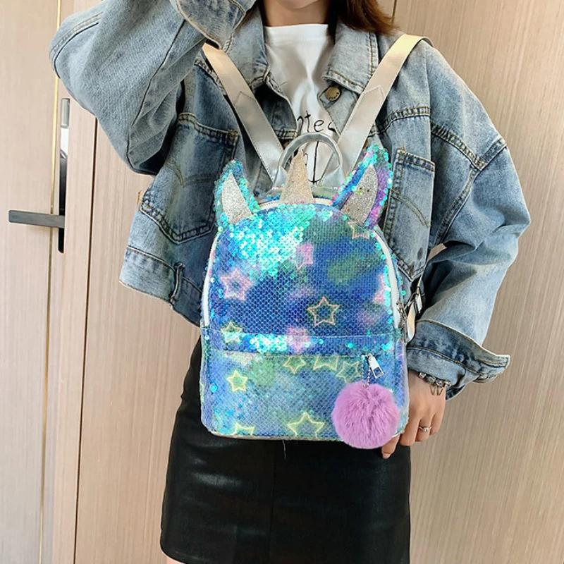 Girl Colorful Sequin Gradient Backpacks New 2022 Personalized Women Unicorn Backpack Fashion Children Leisure Schoolbags Mochila