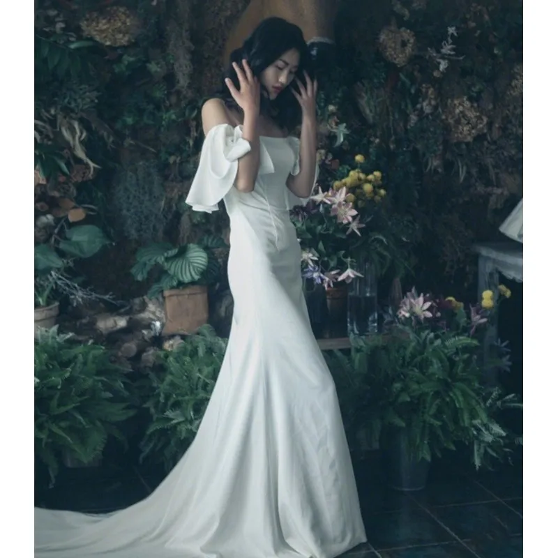 

Off Shoulder With Small Train Satin Wedding Dress Simple Elegant Mermaid Wedding Dresses Custom Plus Size Vestito Da Sposa