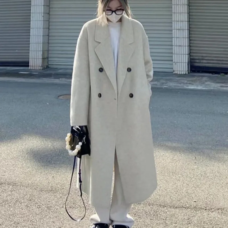 Wool Coat for Women 2023 New Fashion Elegant Women Coat Office Lady Turn Down Collar Double Breasted Loose Long Coat Women