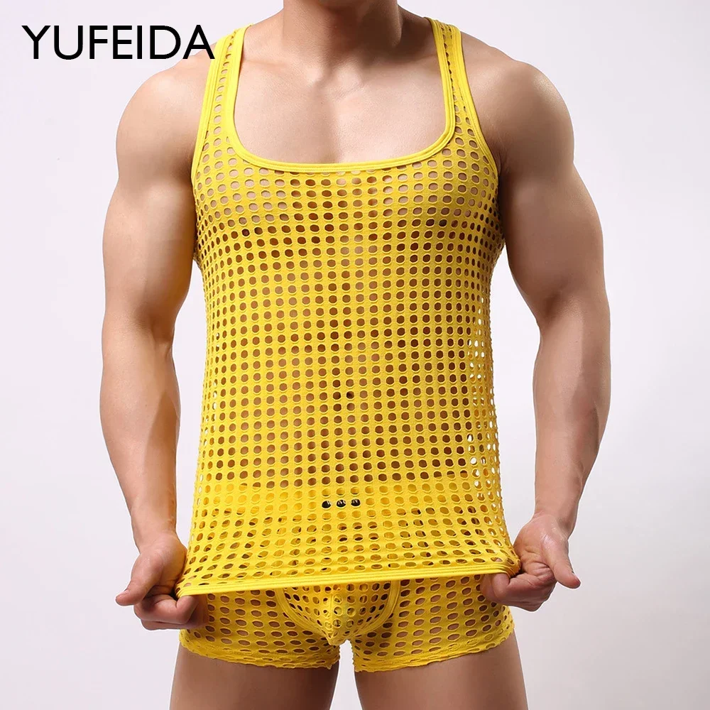Men's Sexy Sheer Mesh Hollow Out Tank Tops Boxers Shorts Gay Male Muscle See-through Breathable Fishnet Gym Fitness Vests Trunks