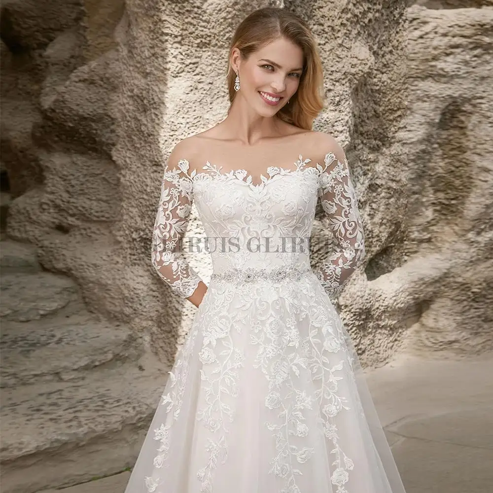 

3/4 Sleeve Wedding Dresses Train Sheer Scoop Neck Lace Appliques Tulle Bridal Gown With Button Back Belt