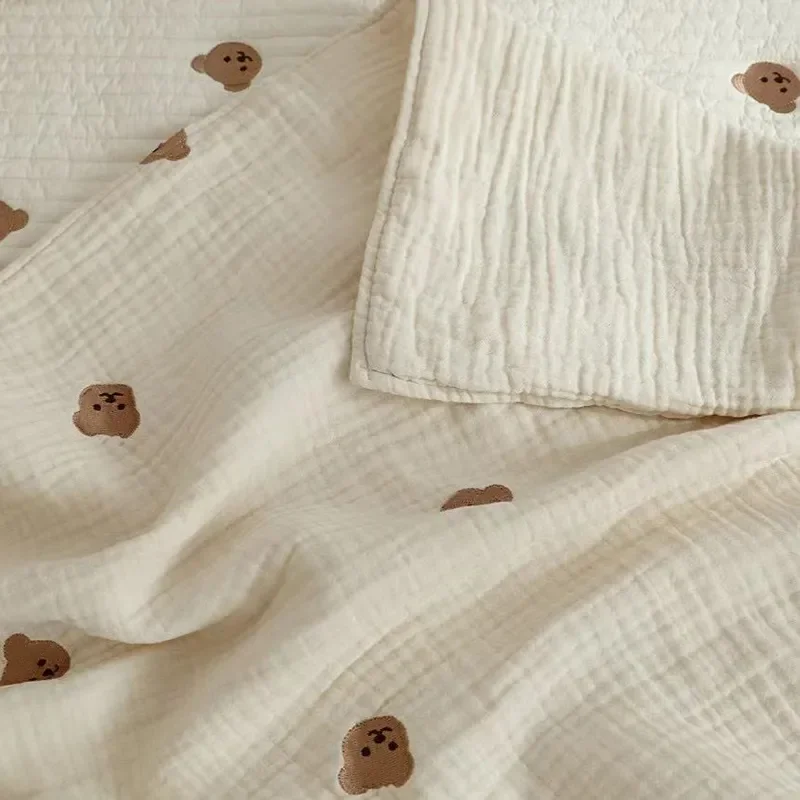 Cotton Muslin Baby Blanket Newborn 6 Layer Gauze Stroller Blanket Bear Embroidery Kids Sleeping Blanket Bedding Baby Item 6