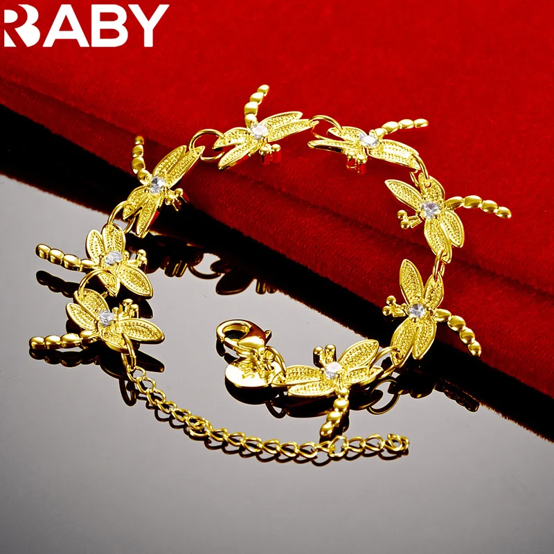 

URBABY 24K Gold Eight Dragonfly Zircon Bracelet Chain For Women Wedding Party Fashion Accessories Charm Jewelry Gift