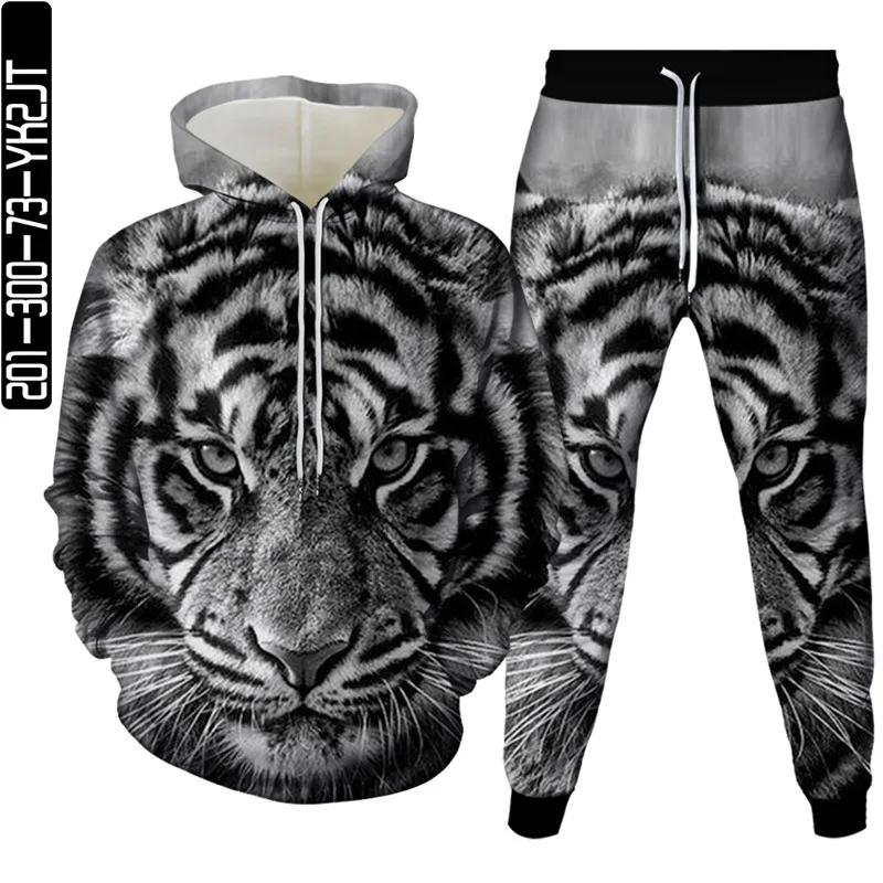 Spring Men's Fashion Full Print 3D Tiger Lion Pattern Hoodies Set Street Men's Sportswear Pants Two Piece Set Trend Couple Suits