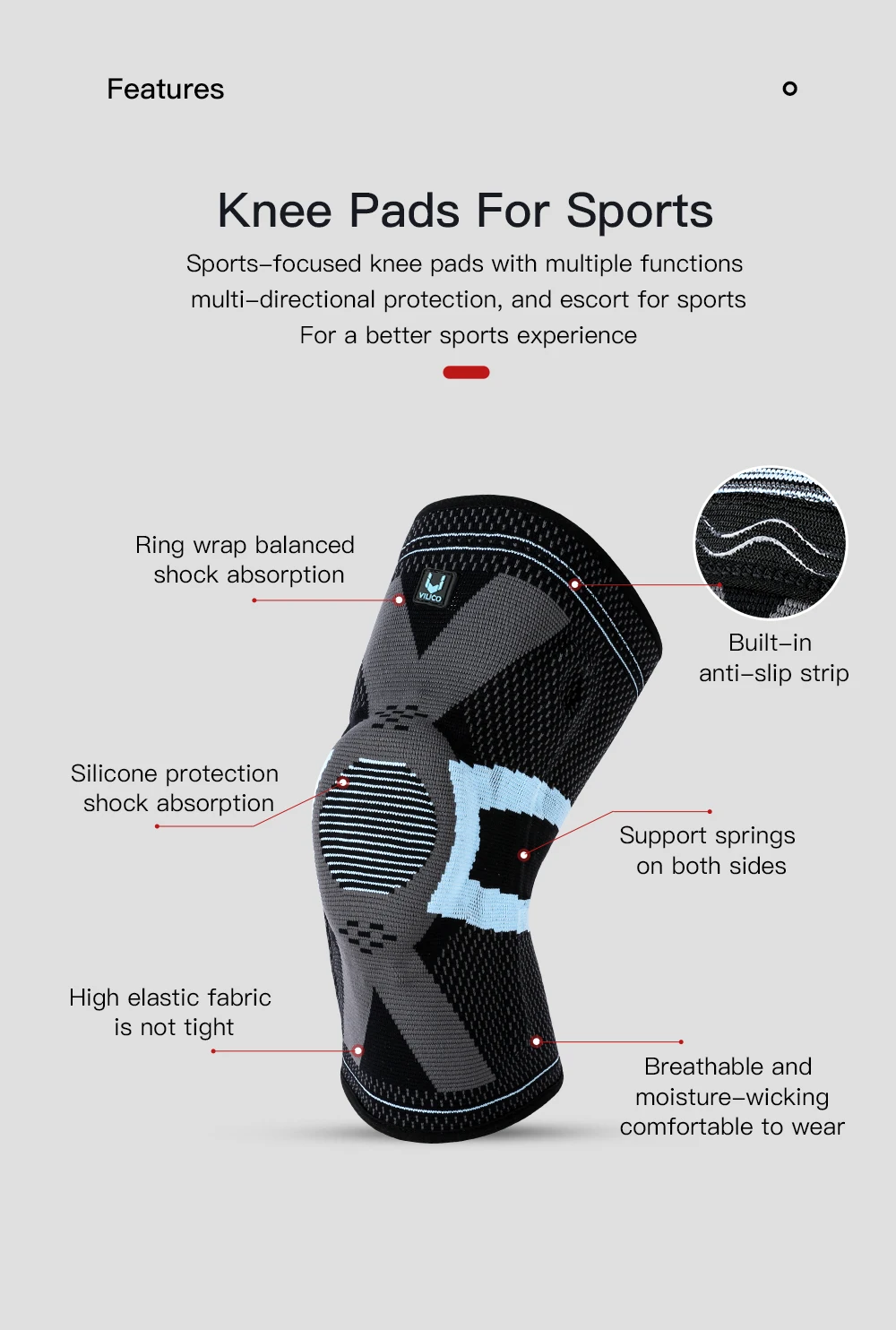 Silikon-Feder-Kniebandage mit Patella-Medialstütze, starkem Meniskus-Kompressionsschutz und Sportpolstern für Laufen und Basketball – Detail 3