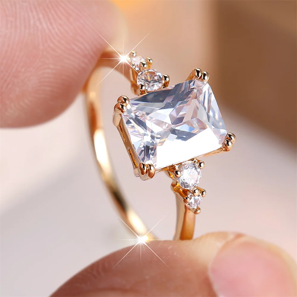 Minimalist White Zircon Rectangle Stone Rings For Women Fashion Gold Color Engagement Bands Wedding Jewelry Bridal Birthday Gift