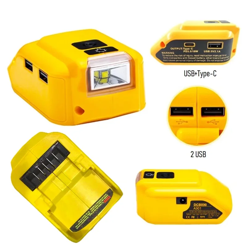 Substituição Adaptador de Bateria Dcb090 Fonte de Alimentação para Conversor Dewalt 20v Max 18v Dual Usb dc 12v Tipo-c Led Luz de Trabalho