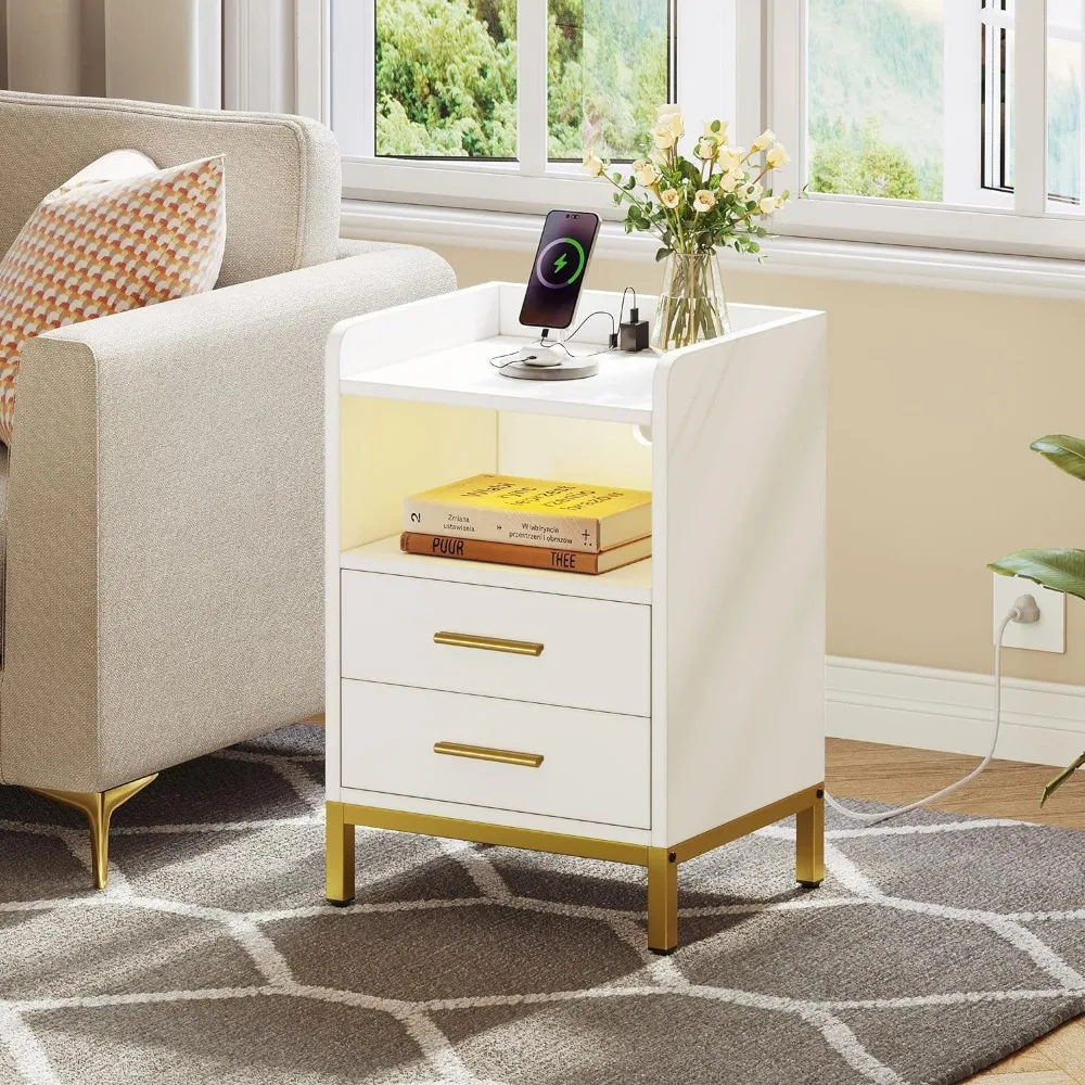 

Modern Bedside Table for Bedroom With USB Ports and Outlets Nightstand With Charging Station and LED Lights Set of 2 White Home