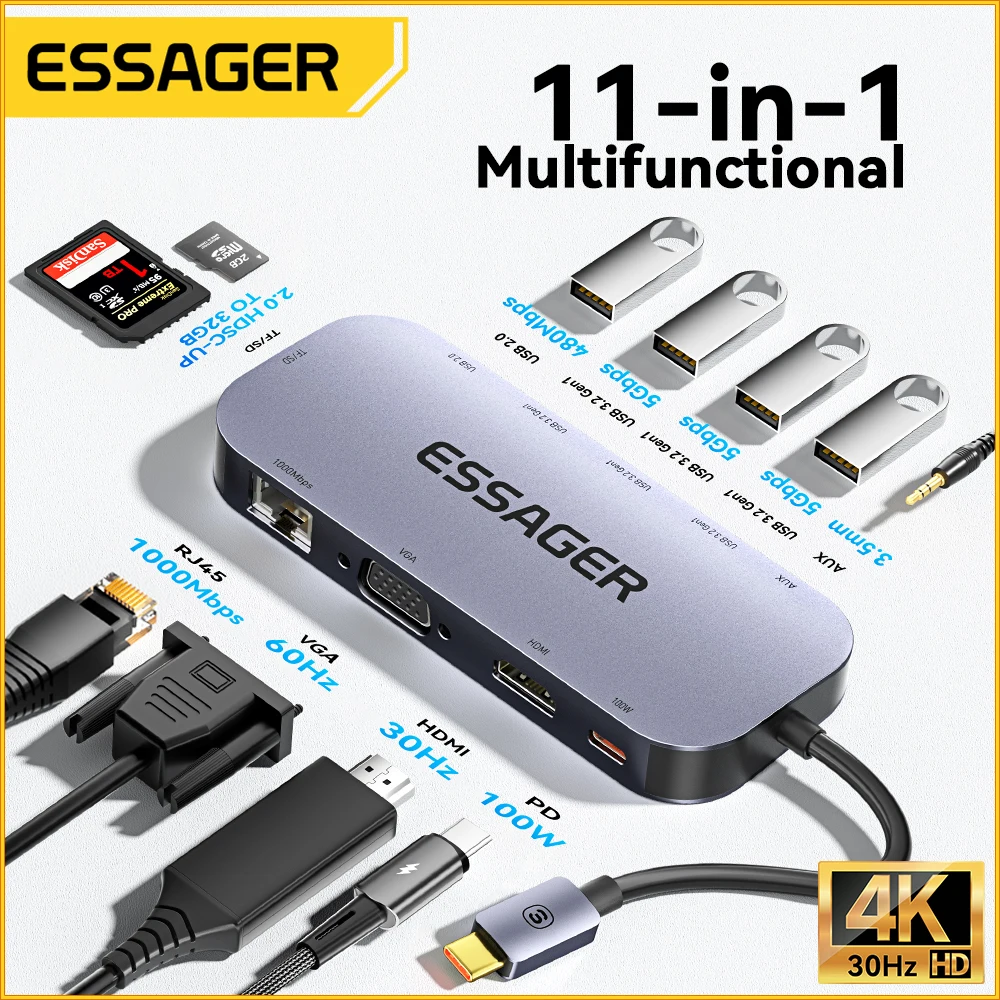 

Essager 11 in 1 USB C HUB 4K 30HZ Type C Docking Station For Macbook Air Pro Adapter Splitter For Laptops HDMI-Compatible RJ45
