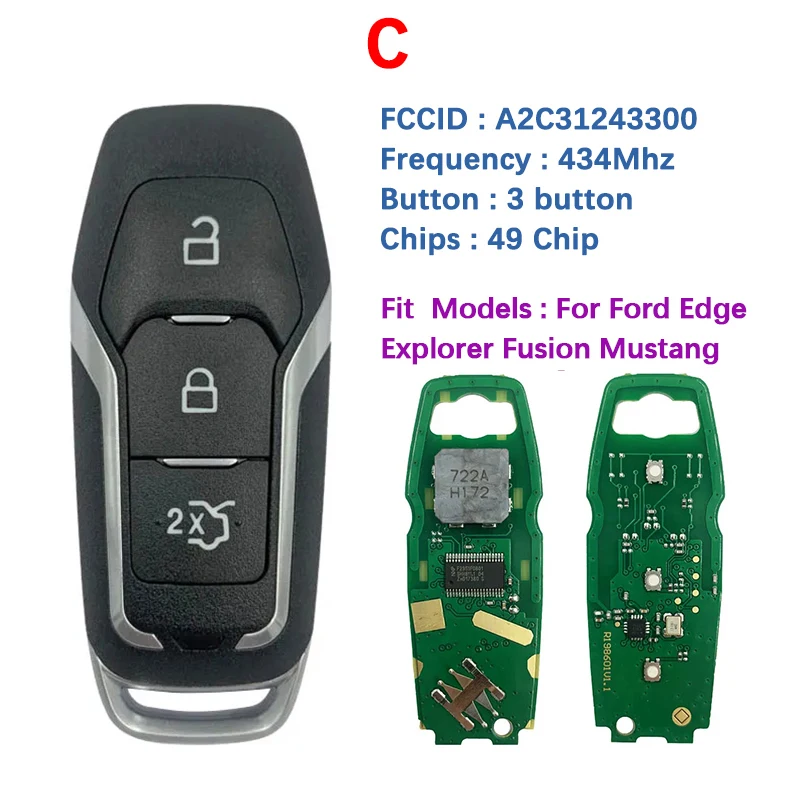 CN018122 for Ford Fusion Explorer Edge Mustang Mondeo Kuka 2013-Remote Smart Key FCC M3N-A2C31243300 49 Chip key case car key shell car remote key car key key shell