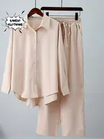 Summer Outfits for Women 2023 Fashion Loose Elastic Wrinkle Long Sleeve Shirt Wide Leg Pants Casual Set for Women 2 Piece Set - Image 4