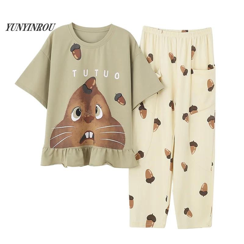 

Summer New Knitted Cotton Cartoon Women's Pajama Set Nightwear Long Pants Womens Pajama Sets Mujer Sleepwear Lounge Home Fashion