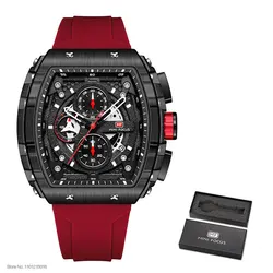 MINI FOCUS Men's Chronograph Tonneau Dial Sports Watch with Orange Silicone Strap (0399Red-Box)