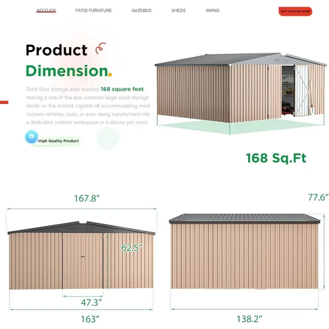 14 'x 12' hangar de rangement en métal extérieur, grand hangar de cour en acier, jardin, cour, terrasse, rangement d'outils extérieurs, gris 6