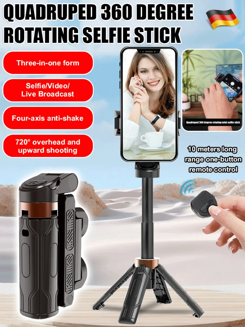 Selfie Stick Quadruped 360 Degree Rotating Mini Selfie Stick Travel Portable Bluetooth Selfie Stick Tripod Anti-Shake Bracket Foldable Vlog