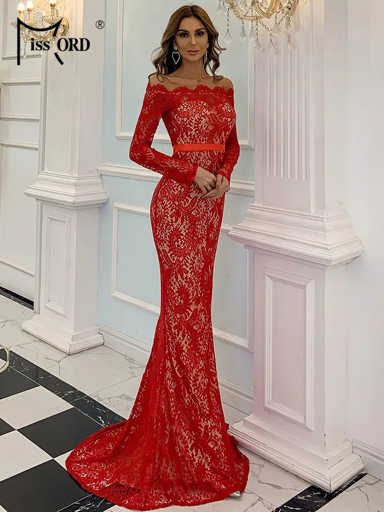 Missord Red Lace Wedding Party Dress Women Off Shoulder Long Sleeves  Bodycon Maxi Evening Prom Formal Dresses Elegant Gown