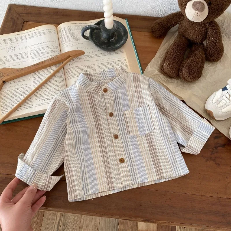 

Spring Vertical stripes shirt for baby children cotton Tops fashion boys brief casual long sleeve shirts high quality