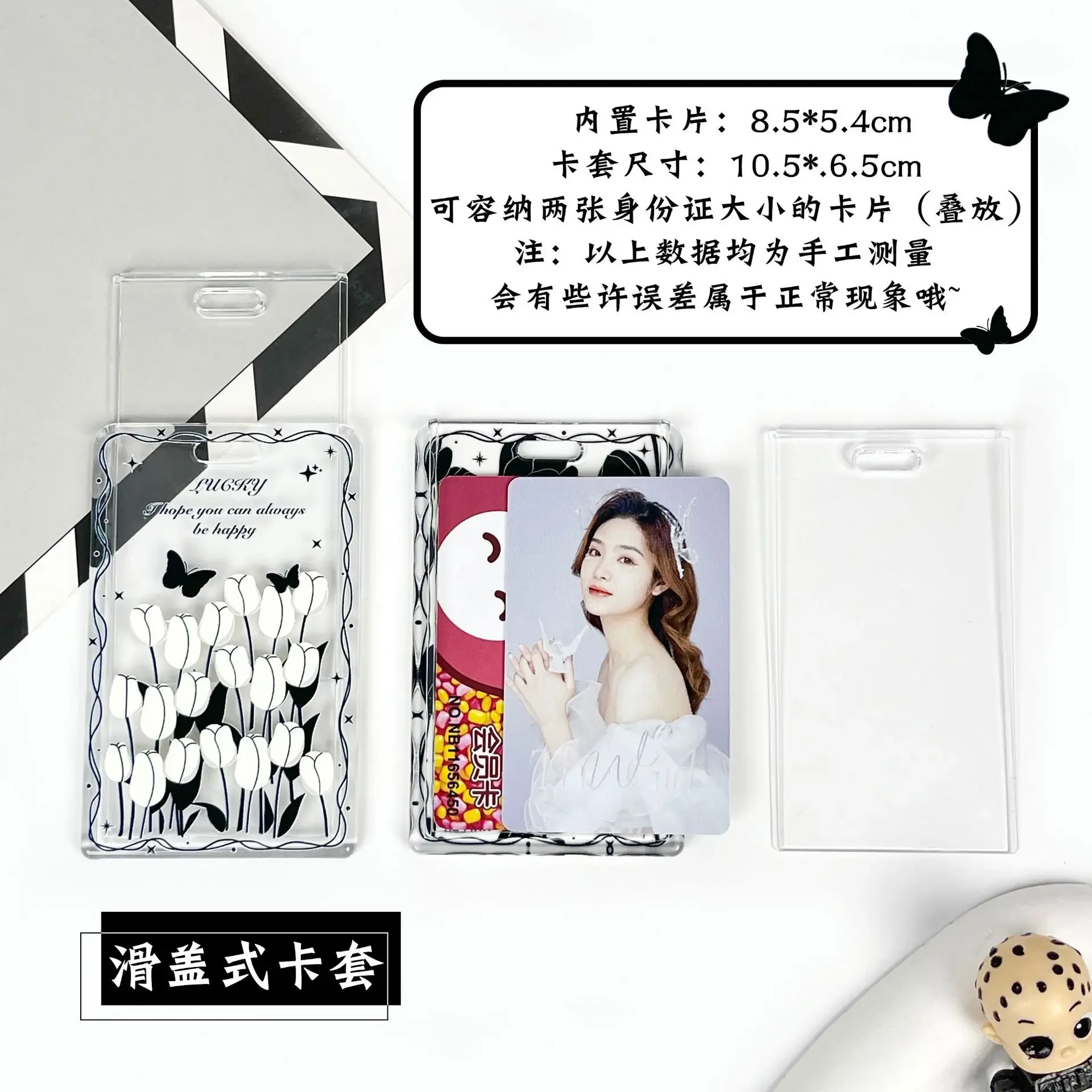 Spring Rope Black Flower Transparent Card Holder Student Card Sleeve Access Control Bus Cards Case Lanyard Covers Id Holder