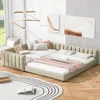 Dual Function Mother & Child Upholstered Platform Bed Set with Safety Guardrails Elegant PU Leather Design Queen Size & Twin XL 1
