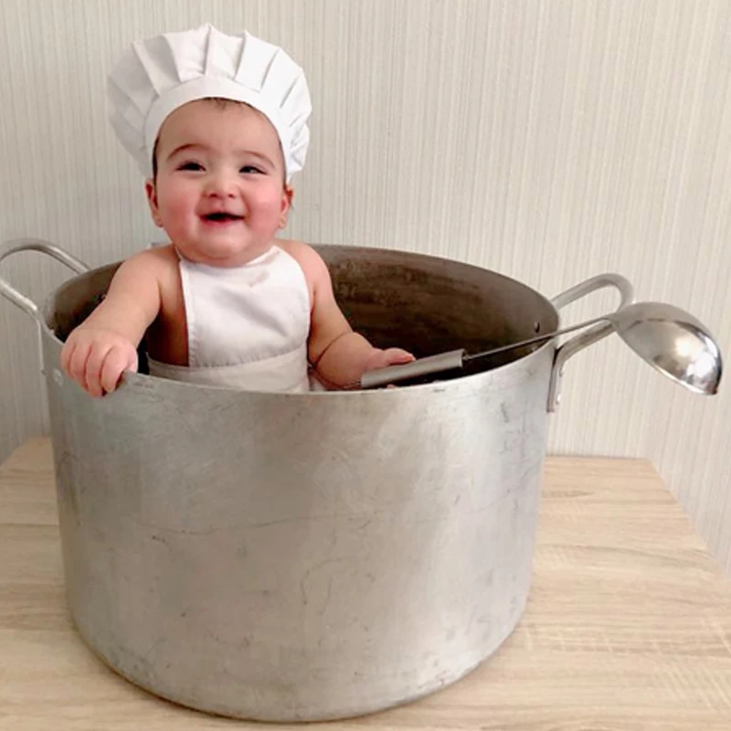 Costume Fotografico per Bambini, Outfit da Chef per Neonati e Bambini di 100 Giorni con Grembiule per Foto - immagine 5