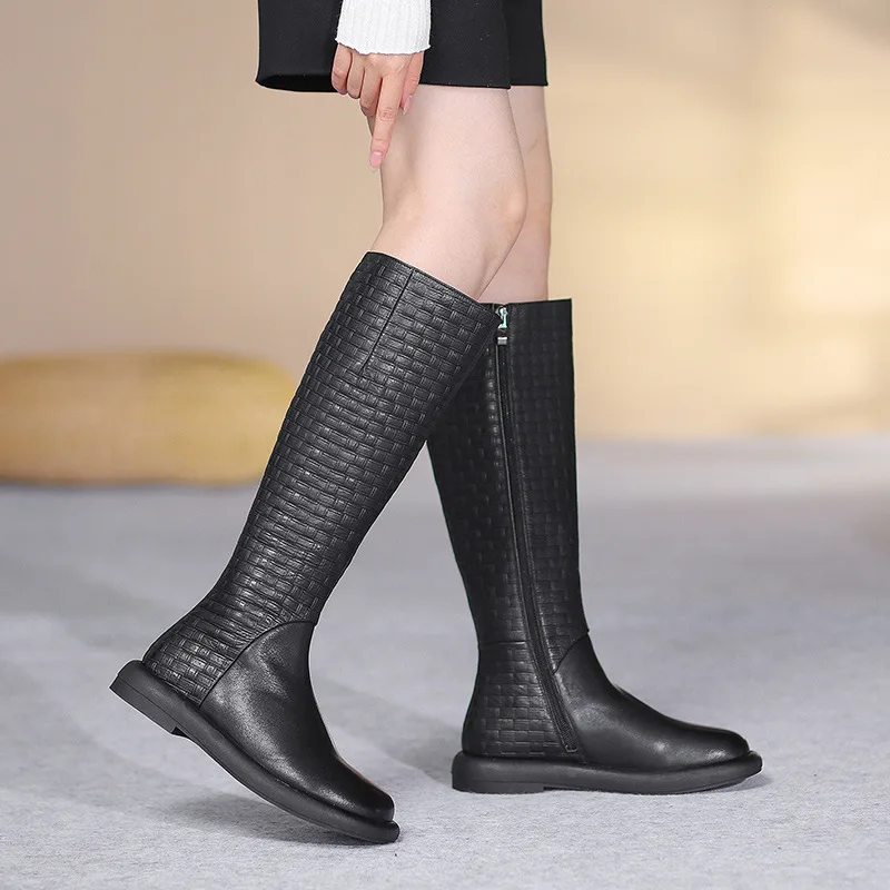 

Birkuir Genuine Leather Woven Long Boots For Women Shoes 2023 New Elegant Weave Side Zippers Shoes Low Heel Ladies Long Boots