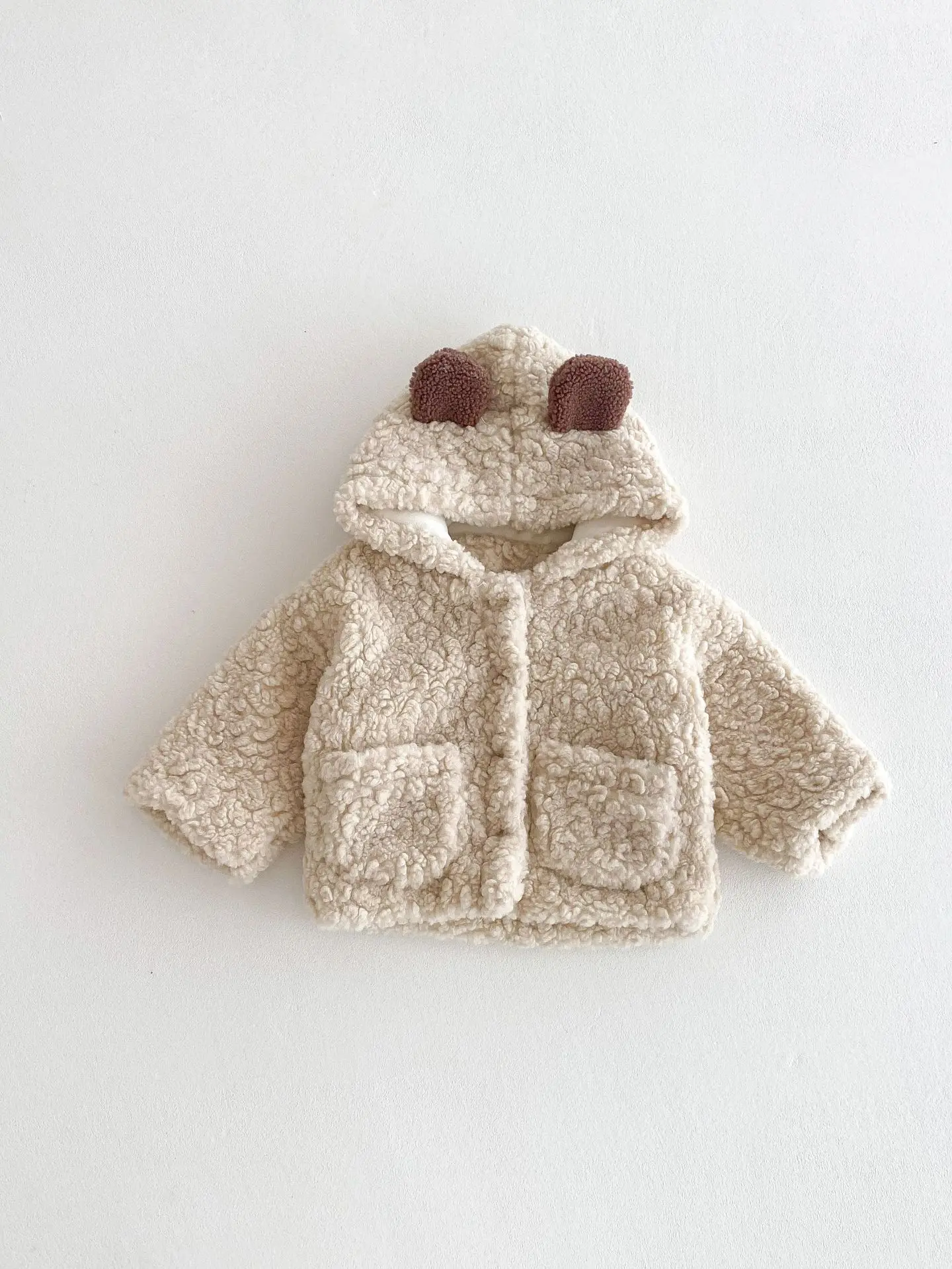 Winter New Baby Long Sleeve Plush Coat Plus Velvet Thick Infant Girls Bear Ears Hooded Cardigan Boys Cute Warm Jacket