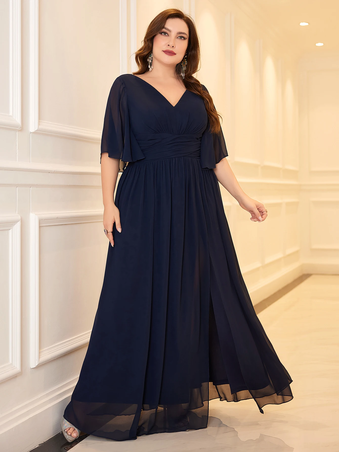Easter Escote En V Maxi Gasa Vestidos Con Cremallera En Espalda Azul Tinta