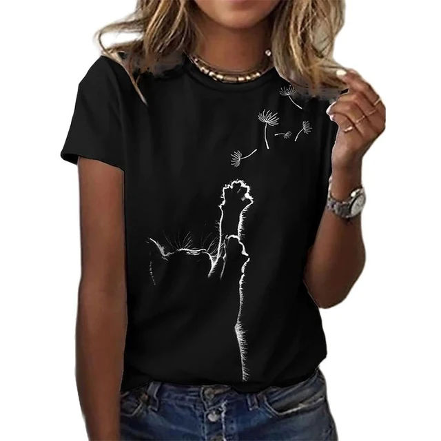 T shirt pour femme blouse la mode imprim chats 3d noir Kawaii v tements f minins