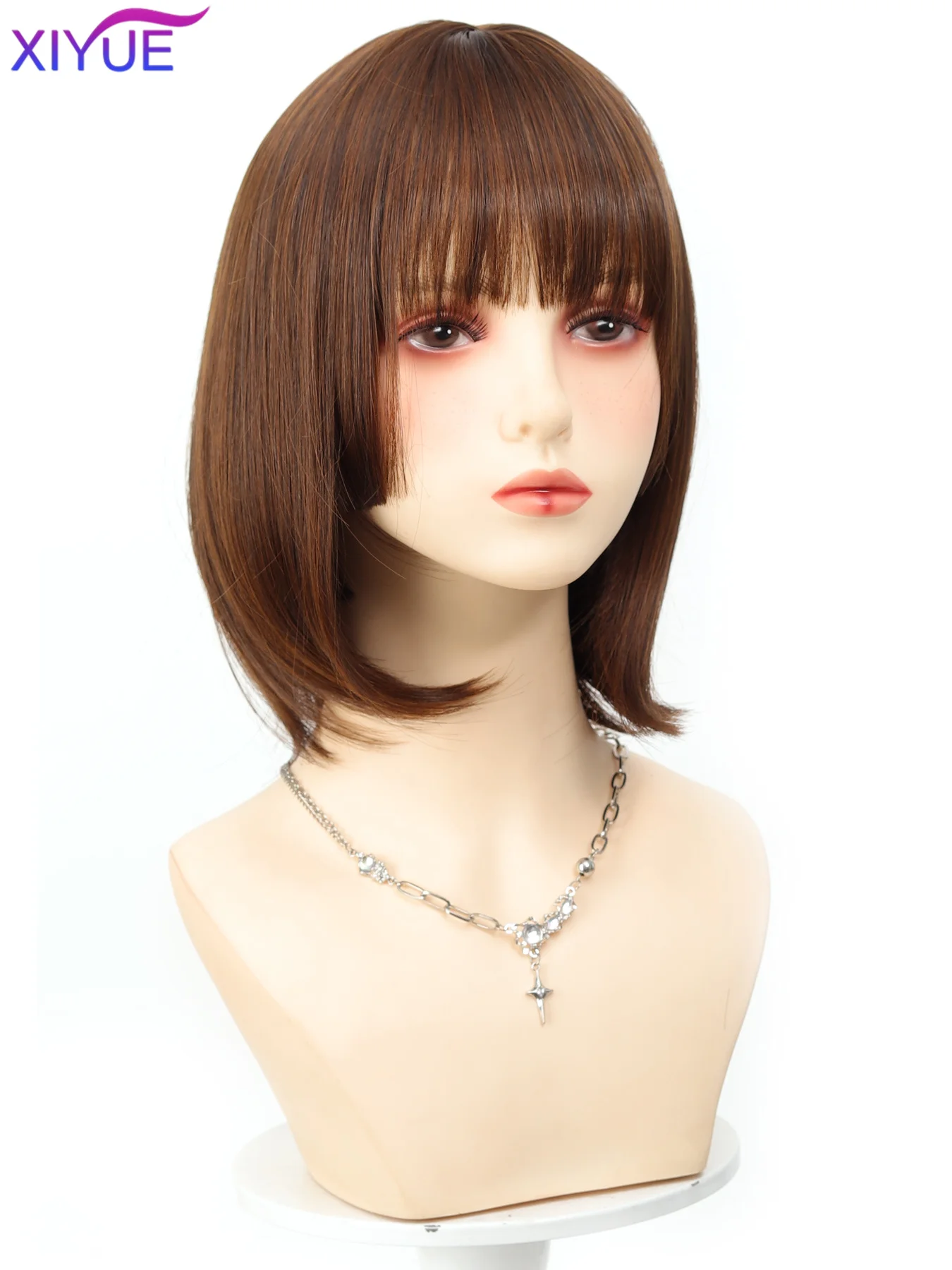 Short Black Brown Synthetic Natural Hair Wigs for Women Bob Straight Wig with Bangs High Temperature Daily Cosplay Party Wigs