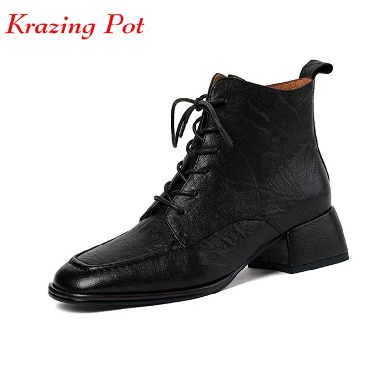 

Krazing Pot New Sheep Leather Square Toe Winter Spring Warm Chelsea Boots Thick Med Heels Lace Up Office Lady Luxury Ankle Boots