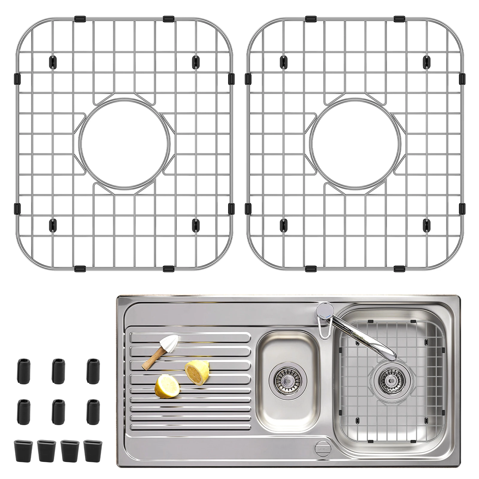2Pcs Sink Grid Stainless Steel Sink Protectors Effective Protection Drainage Racks with Rubber Padded Feet Easy to Clean