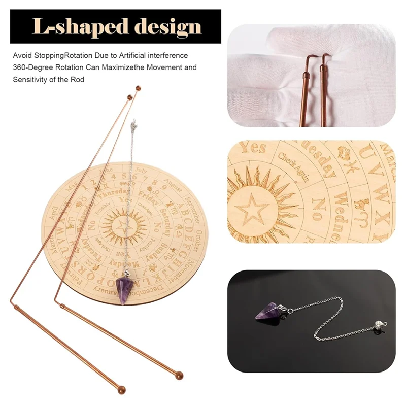 B92B-Copper Dowsing Rods Spiritual And Divining Pendulum Board Mat Kit For Ghost Hunting,Divining Water,Energy Healing