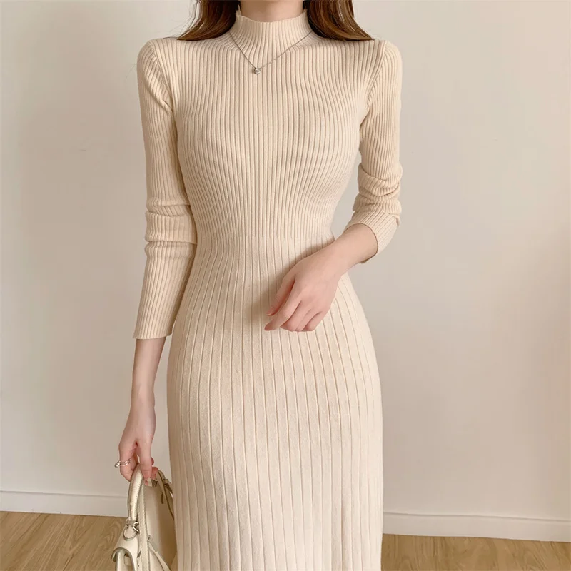 

Autumn Winter Long Sleeve Vestidos Party Dress Women Button Knitted Mid-calf Half High Collar Elegant Knitted Sweater Dresses