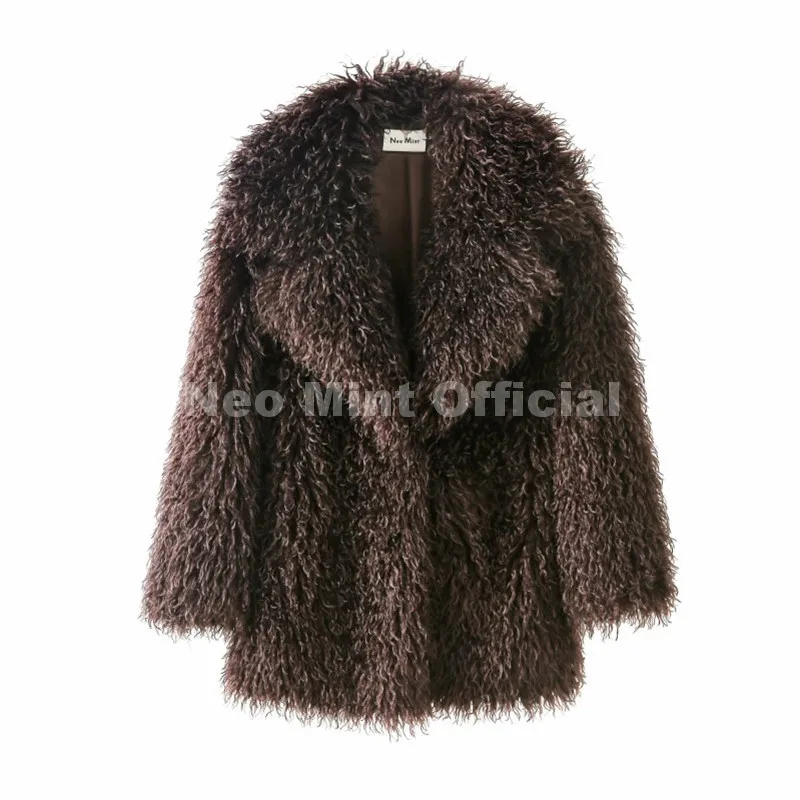 Neo Mint Winter 2025 Trend Burgundy Obsession Long Faux Mongolia Sheep Fur Jacket Coat Women Chic Lapel Collar Fluffy Overcoat